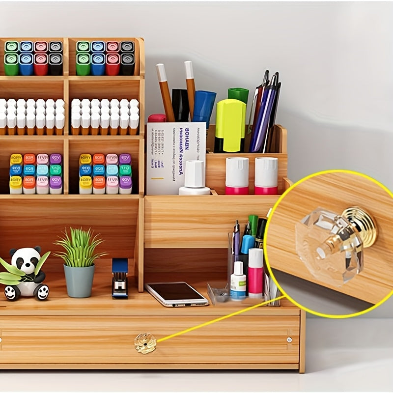Amplio estante de escritorio de bambú con cajón: organice su espacio de trabajo de manera eficiente y con estilo.