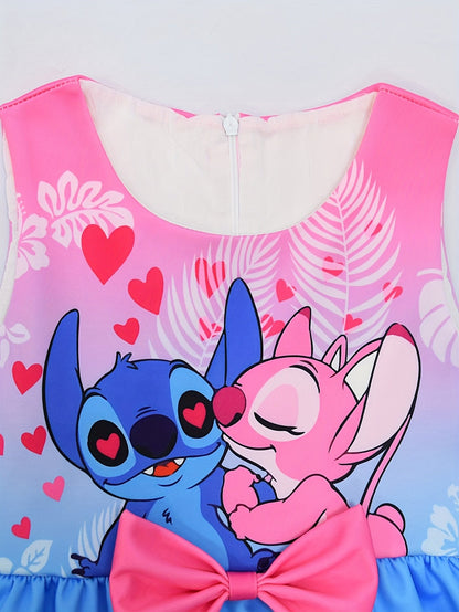 Disney Stitch djevojačka haljina bez rukava s okruglim izrezom, mašnom i cvjetnim uzorkom – lagani poliester-spandeks