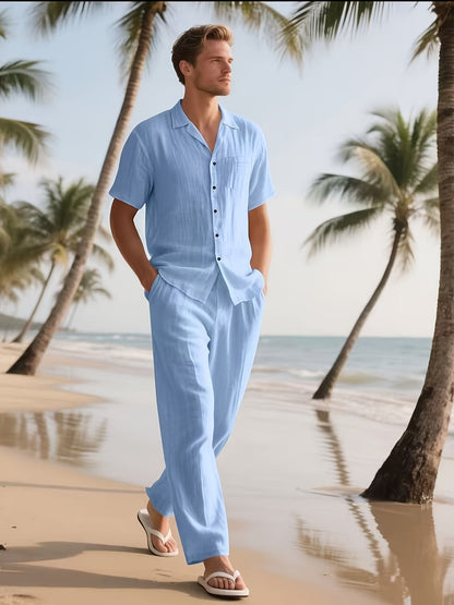 Conjunto casual para homem em linho – Confortável e arejado, com calças compridas e mangas curtas.