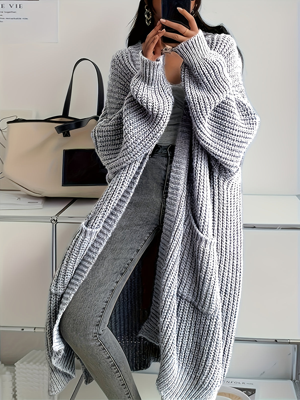 Damen Longline Strickcardigan mit Taschen