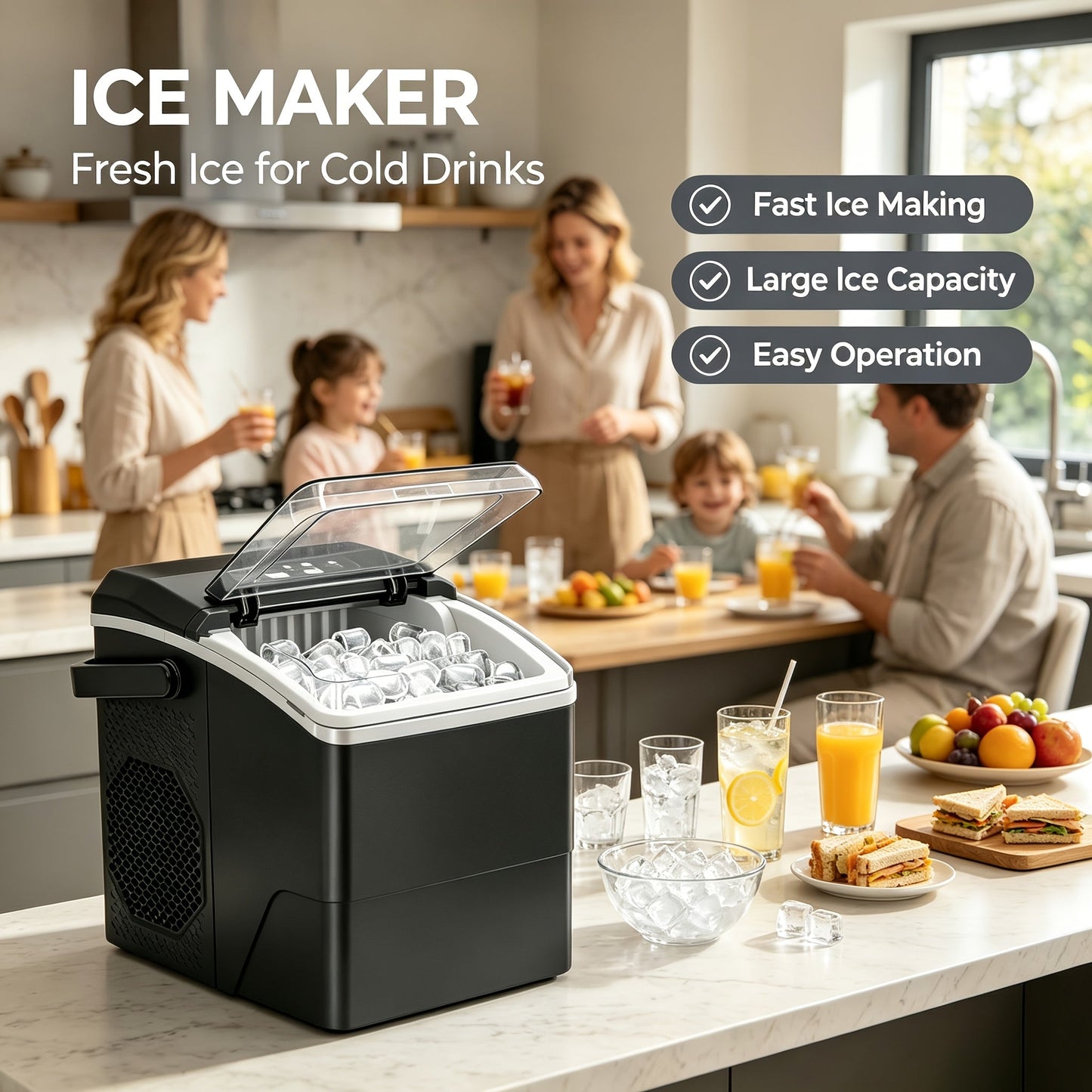 Tragbare Eiswürfelmaschine mit Selbstreinigungsfunktion und zwei Eiswürfelgrößen