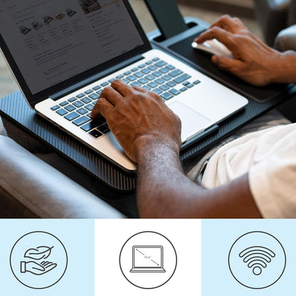 Secretária portátil para computador portátil com suporte para dispositivos e pega de transporte
