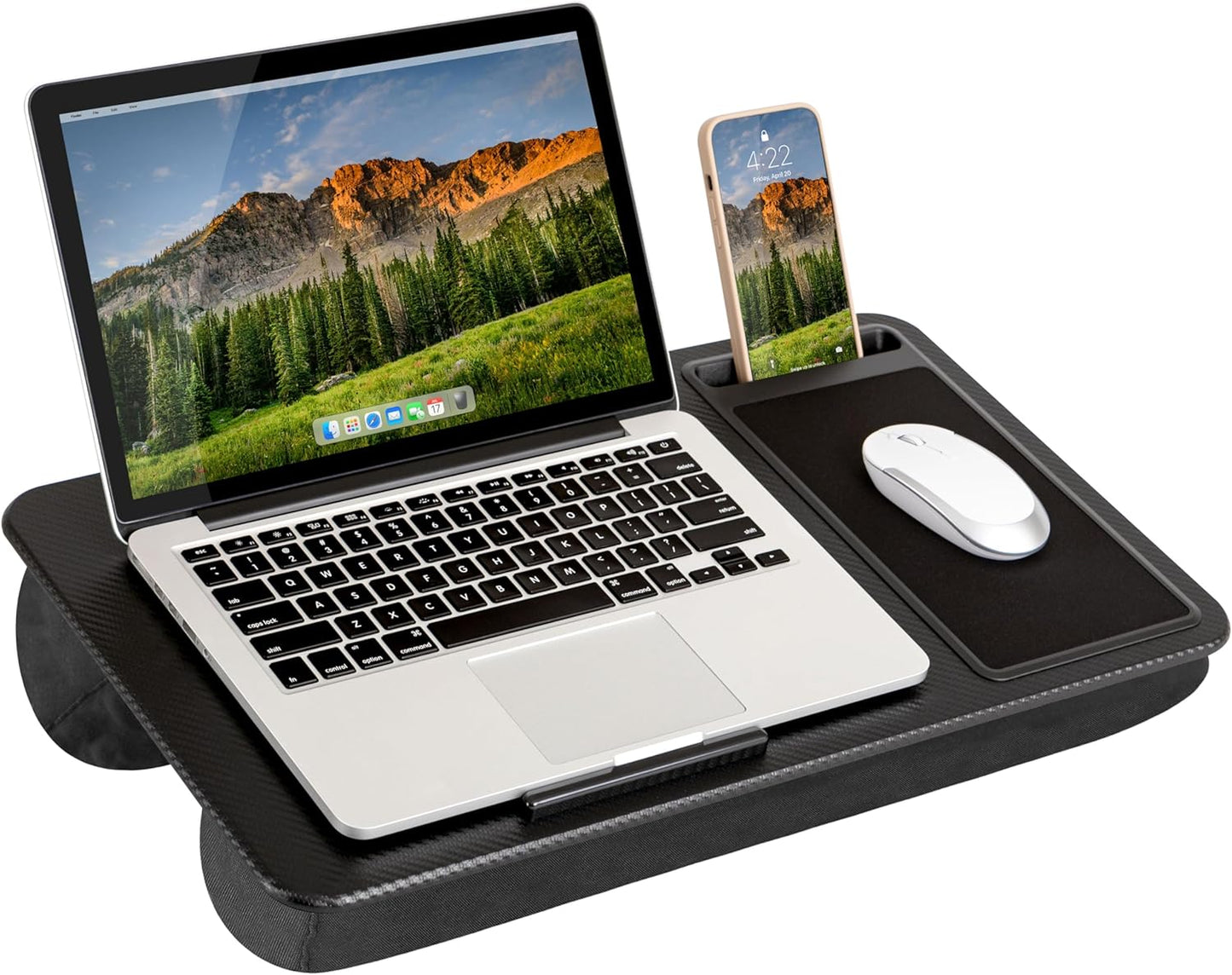 Secretária portátil para computador portátil com suporte para dispositivos e pega de transporte