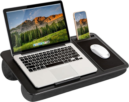 Secretária portátil para computador portátil com suporte para dispositivos e pega de transporte