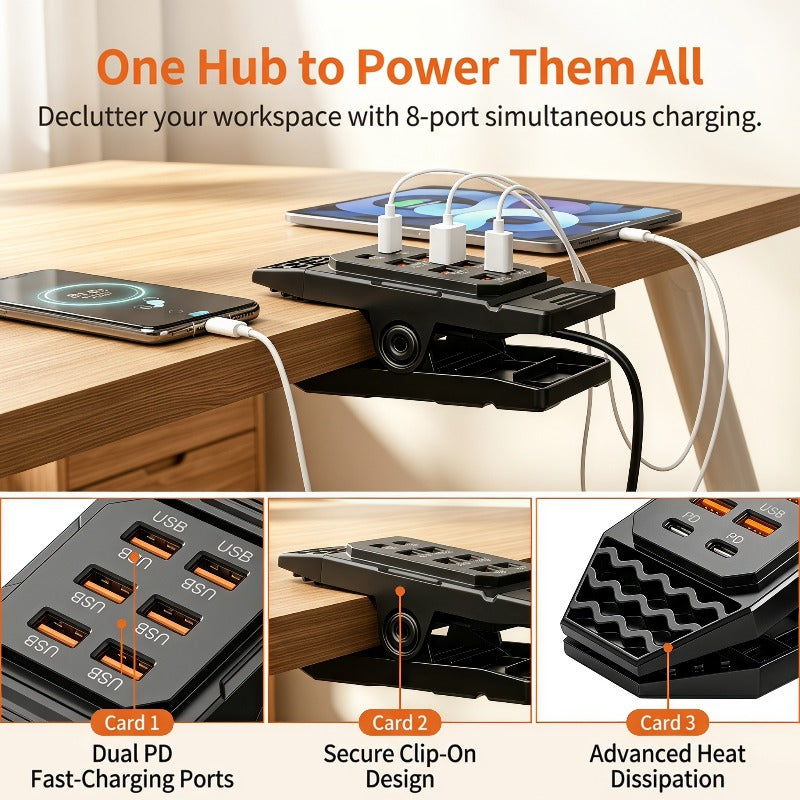 Hub de carregamento USB com 8 portas e grampo de mesa