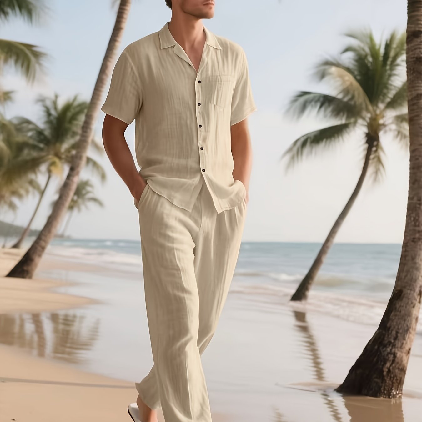 Conjunto casual para homem em linho – Confortável e arejado, com calças compridas e mangas curtas.