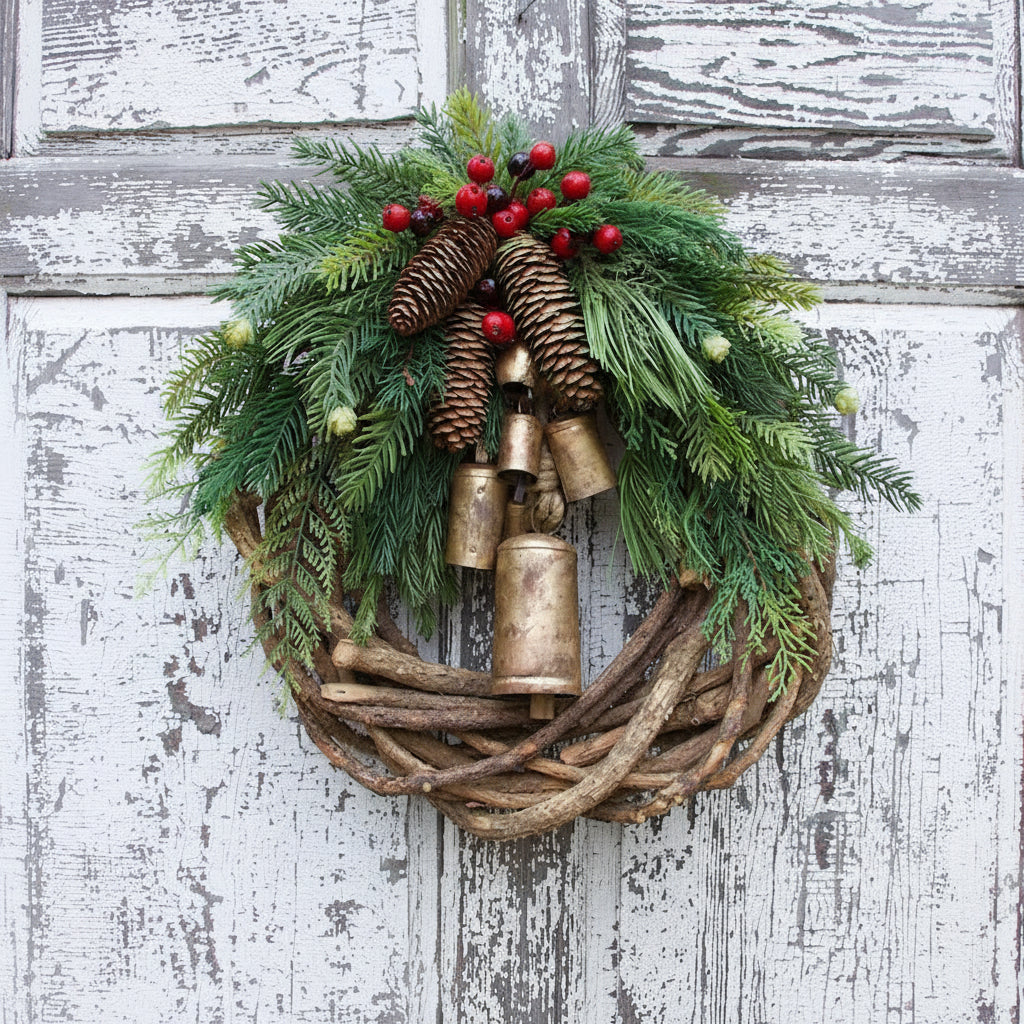 Weihnachtlicher Türkranz mit Tannenzapfen und Beeren