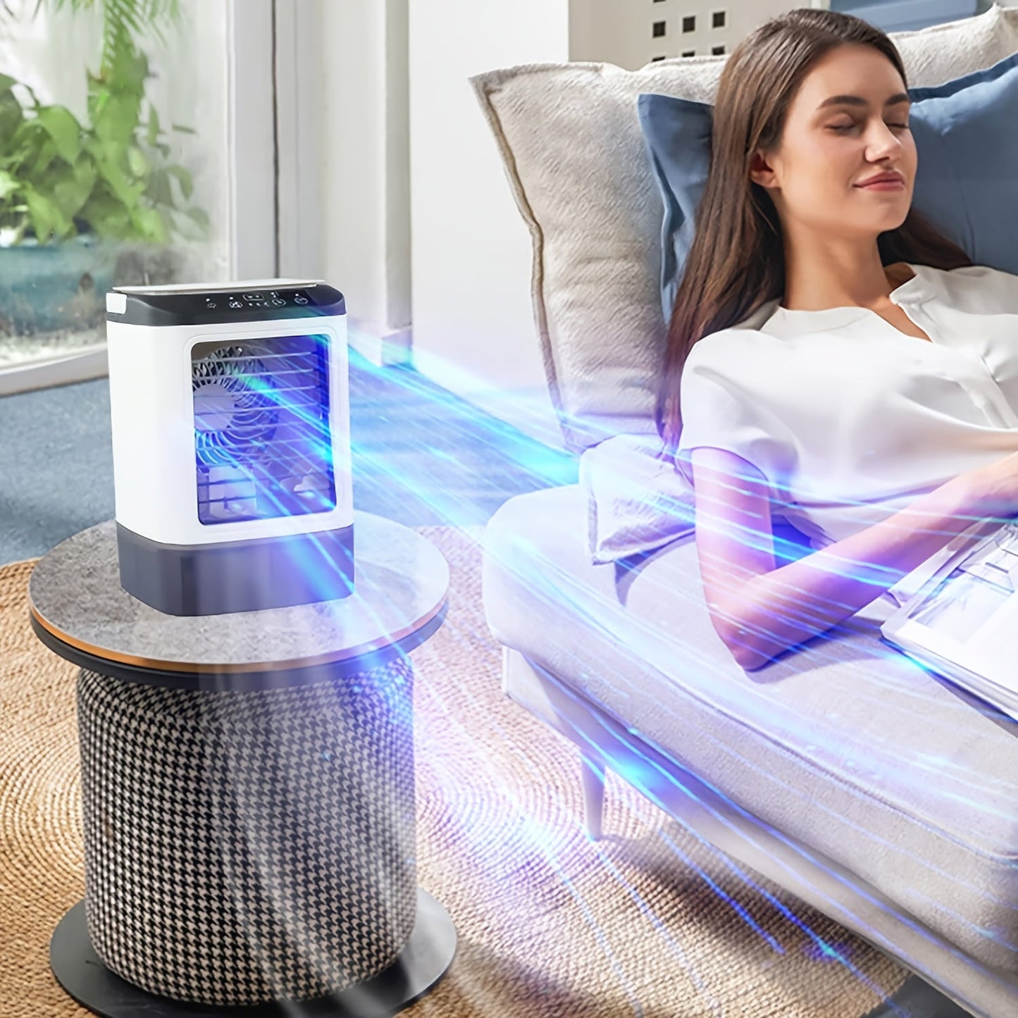 Mini aire acondicionado portátil refrigerado por agua, alimentado por USB y con tanque grande.