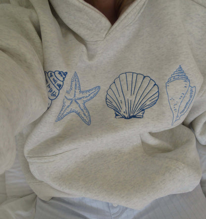 Sweatshirt com capuz para senhora, estampado de conchas, com capuz e bolso canguru
