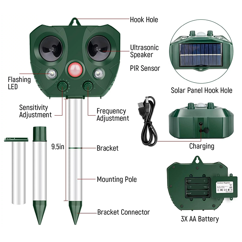 Repelente solar ultrasónico para pájaros: inalámbrico y resistente a la intemperie para uso en exteriores.