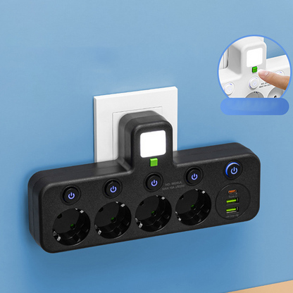 Regleta de pared con 4 tomas, puertos USB y luz nocturna