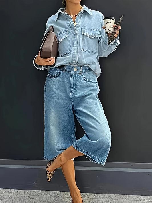 Shorts vaqueros elásticos de cintura alta y talla grande: pantalones casuales anchos de verano con bolsillos