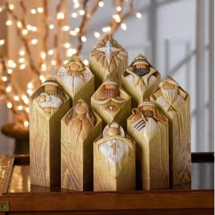 Nacimiento navideño con 9 figuras de belén con aspecto de madera como decoración navideña