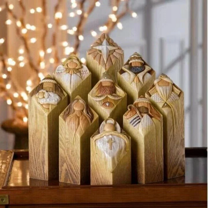 Nacimiento navideño con 9 figuras de belén con aspecto de madera como decoración navideña
