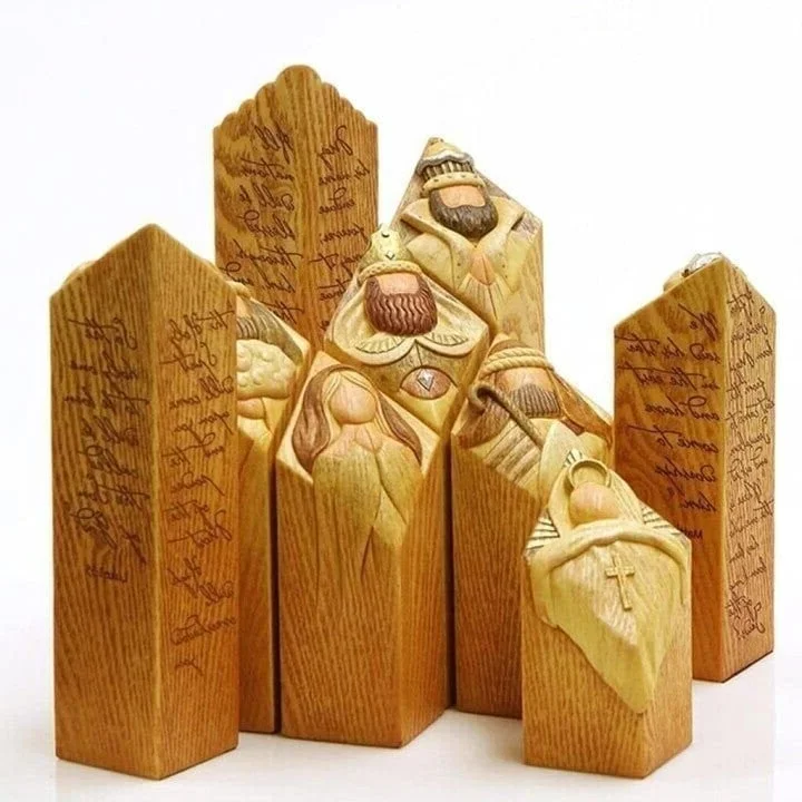 Nacimiento navideño con 9 figuras de belén con aspecto de madera como decoración navideña