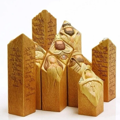 Nacimiento navideño con 9 figuras de belén con aspecto de madera como decoración navideña