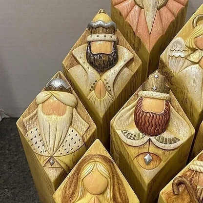 Nacimiento navideño con 9 figuras de belén con aspecto de madera como decoración navideña