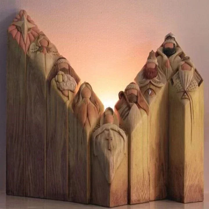 Nacimiento navideño con 9 figuras de belén con aspecto de madera como decoración navideña
