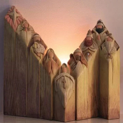 Nacimiento navideño con 9 figuras de belén con aspecto de madera como decoración navideña