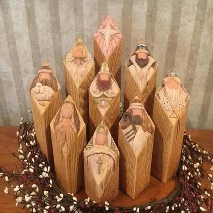 Nacimiento navideño con 9 figuras de belén con aspecto de madera como decoración navideña