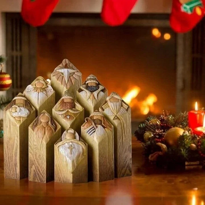 Nacimiento navideño con 9 figuras de belén con aspecto de madera como decoración navideña