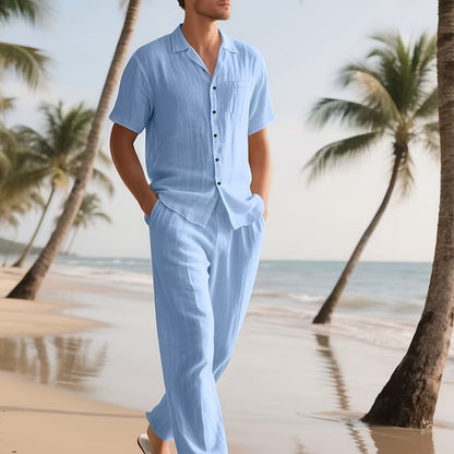 Conjunto casual para homem em linho – Confortável e arejado, com calças compridas e mangas curtas.