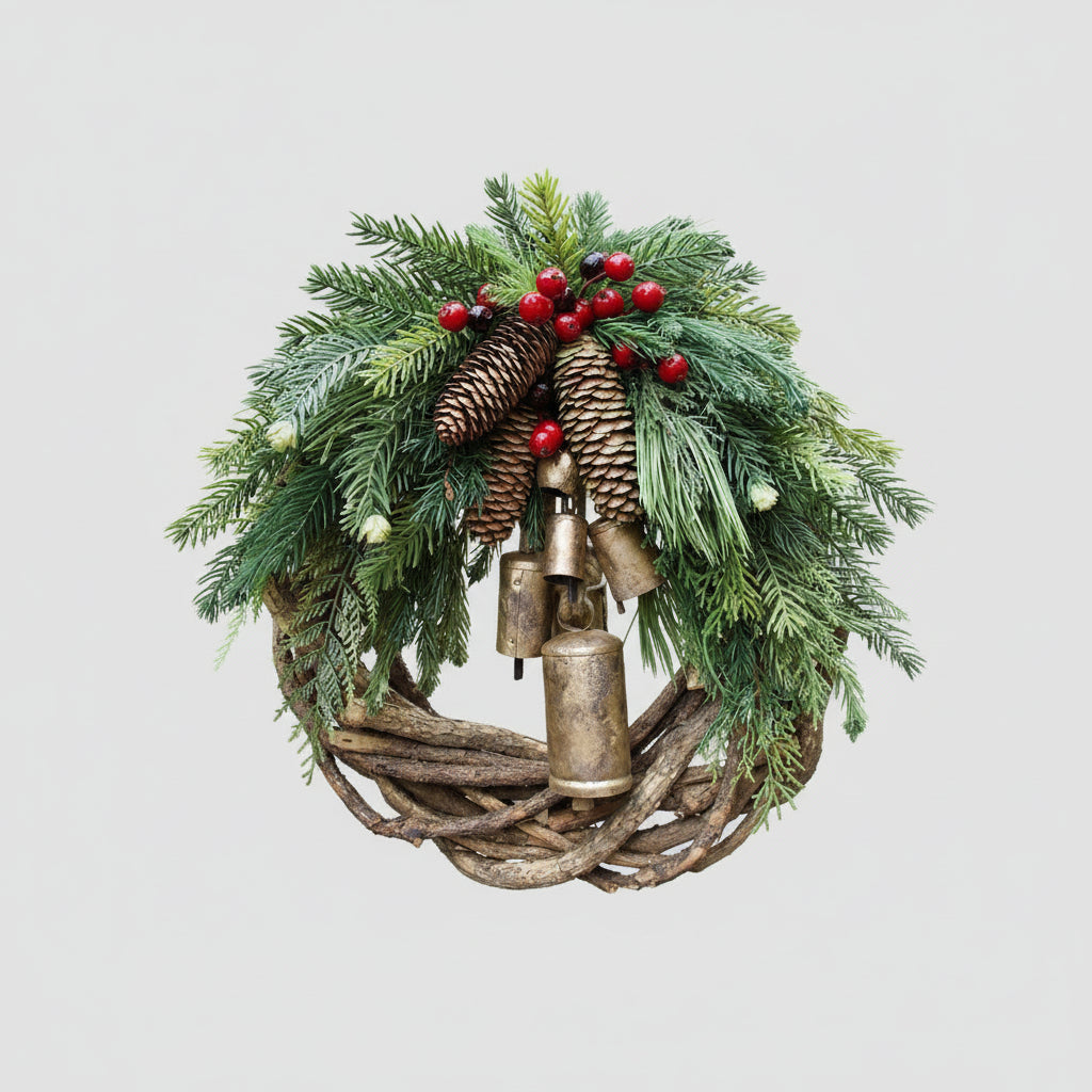 Weihnachtlicher Türkranz mit Tannenzapfen und Beeren
