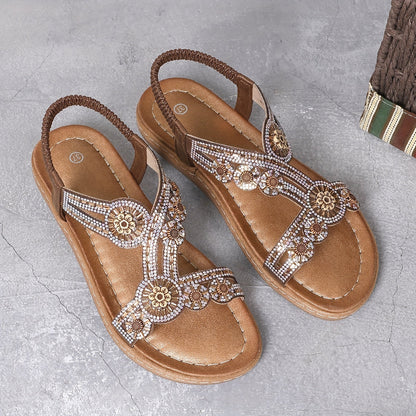 Ženske ravne sandale sa štras kamenčićima i elastičnom trakom u boho stilu