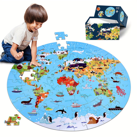 Rompecabezas de animales de 70 piezas para el suelo: diseño de mapamundi redondo para niños.