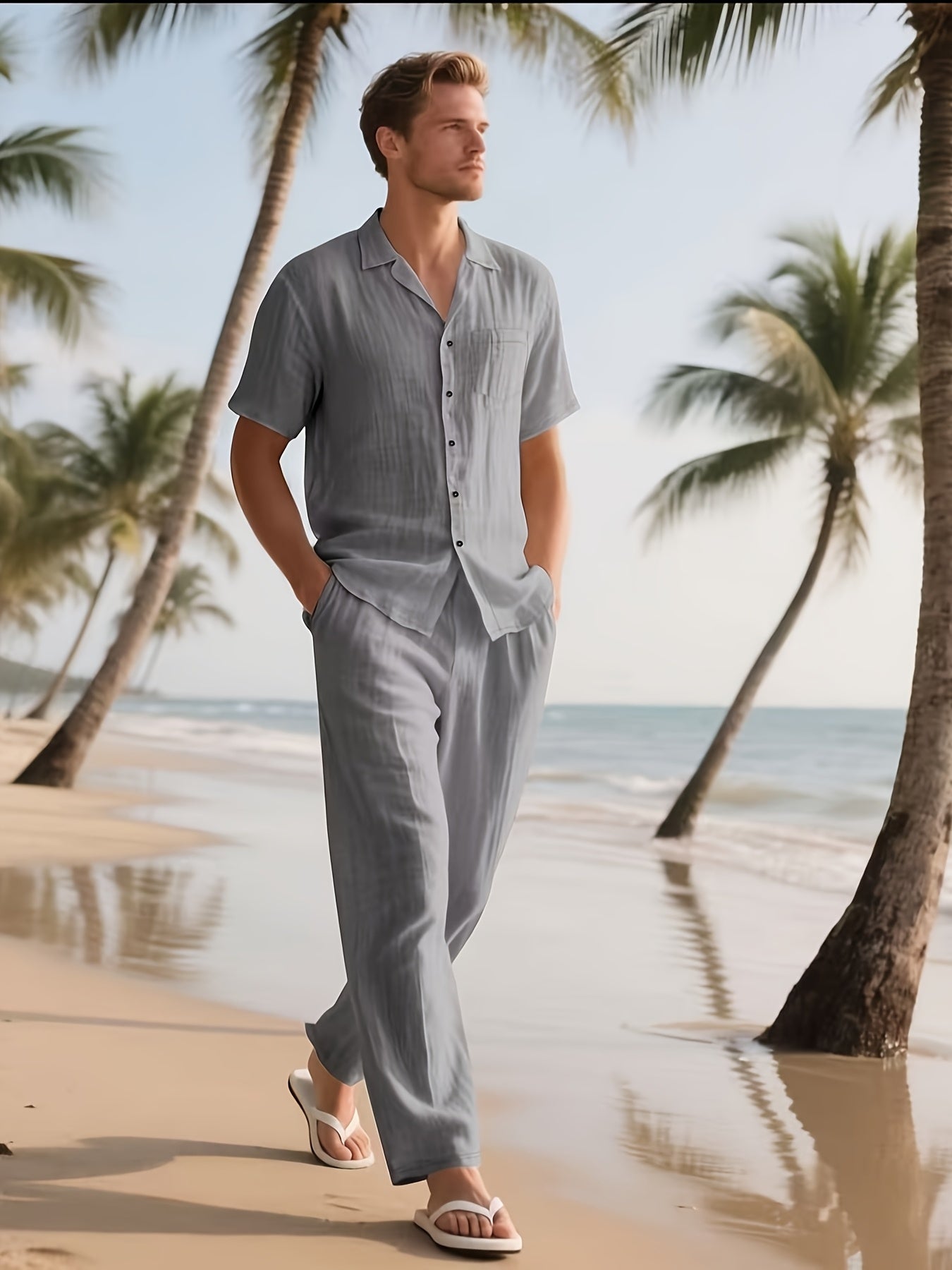 Conjunto casual para homem em linho – Confortável e arejado, com calças compridas e mangas curtas.