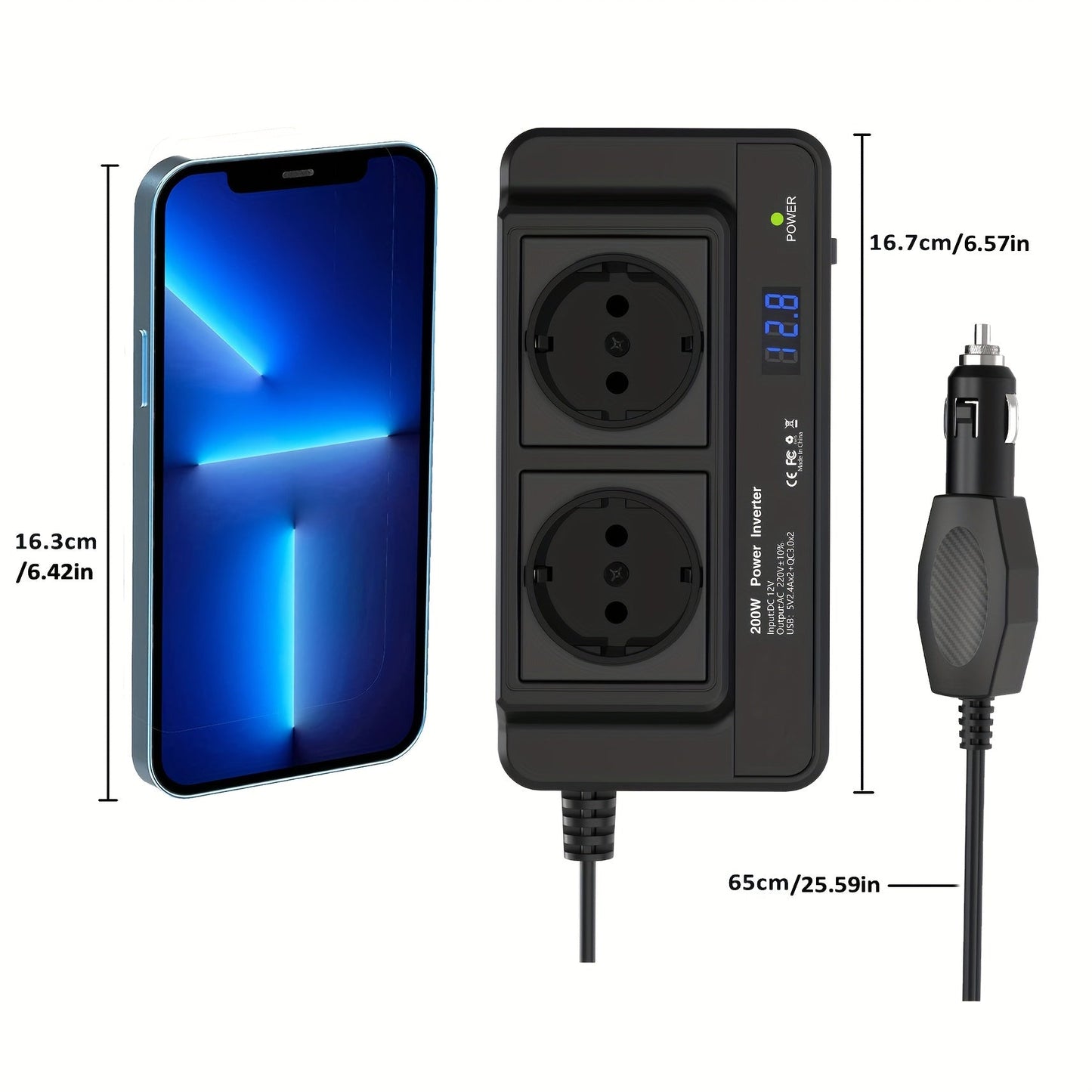 Kompaktan 200W auto pretvarač struje – Dvostruke utičnice i četverostruki USB