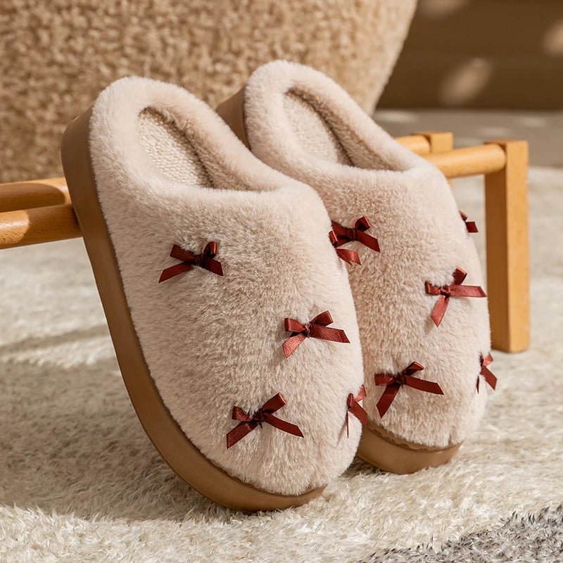 Zapatillas de casa de felpa para mujer con lazos