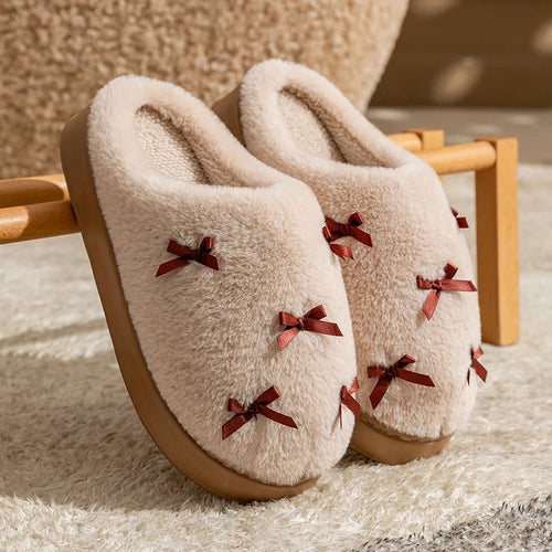 Zapatillas de casa de felpa para mujer con lazos