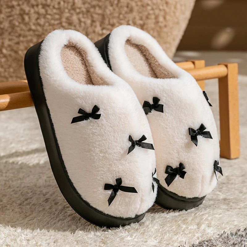 Zapatillas de casa de felpa para mujer con lazos