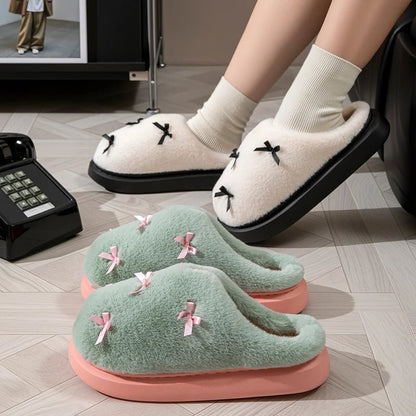 Zapatillas de casa de felpa para mujer con lazos