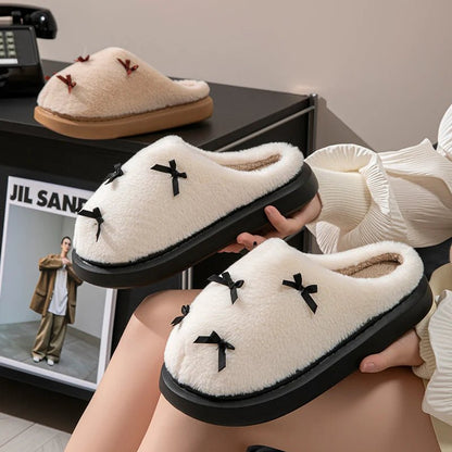 Zapatillas de casa de felpa para mujer con lazos