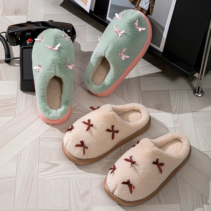 Zapatillas de casa de felpa para mujer con lazos