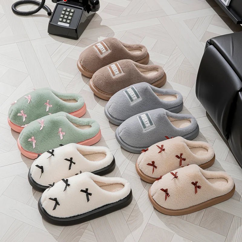 Zapatillas de casa de felpa para mujer con lazos
