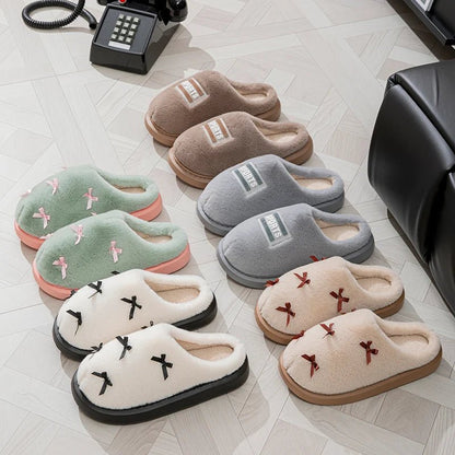 Zapatillas de casa de felpa para mujer con lazos