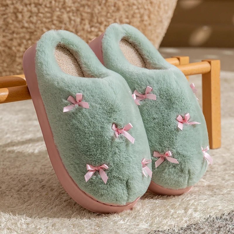 Zapatillas de casa de felpa para mujer con lazos