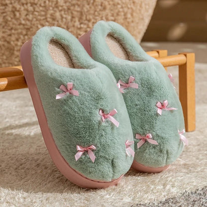 Zapatillas de casa de felpa para mujer con lazos