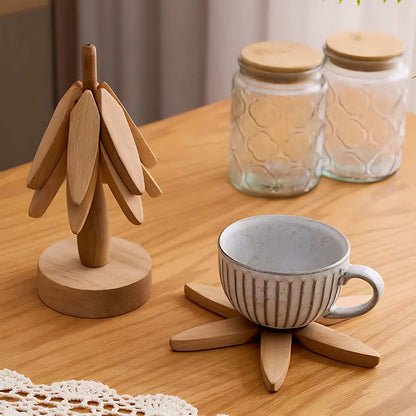 Juego de posavasos de madera con soporte decorativo en forma de árbol
