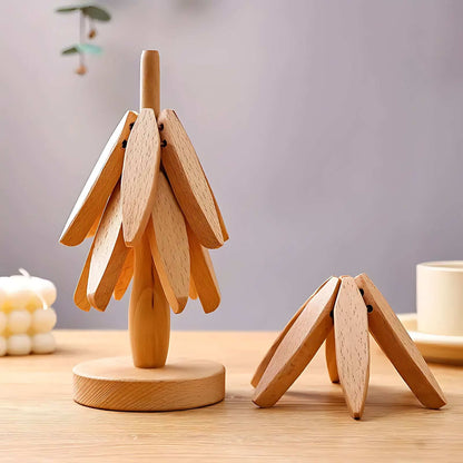 Juego de posavasos de madera con soporte decorativo en forma de árbol