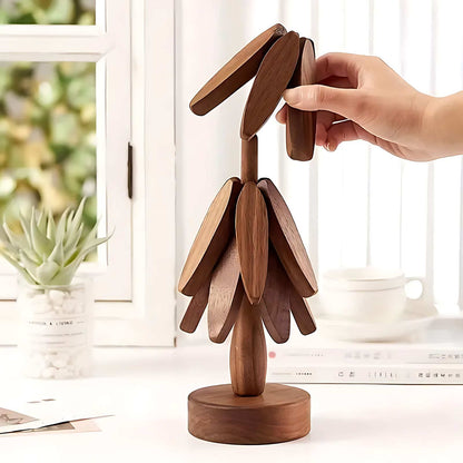 Juego de posavasos de madera con soporte decorativo en forma de árbol