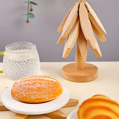 Juego de posavasos de madera con soporte decorativo en forma de árbol