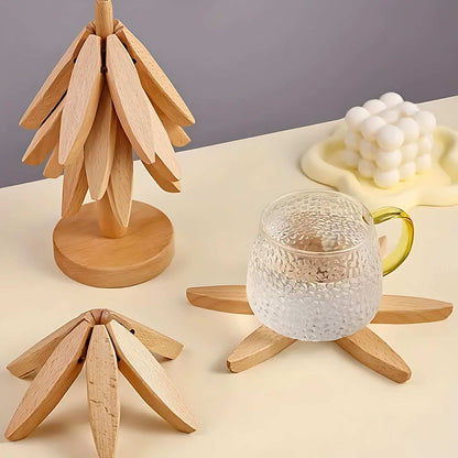 Juego de posavasos de madera con soporte decorativo en forma de árbol