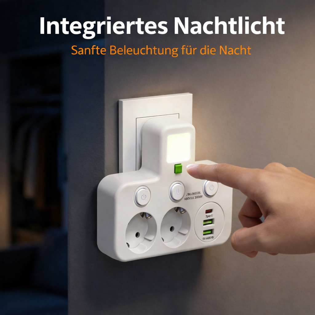 Regleta de pared con 4 tomas, puertos USB y luz nocturna