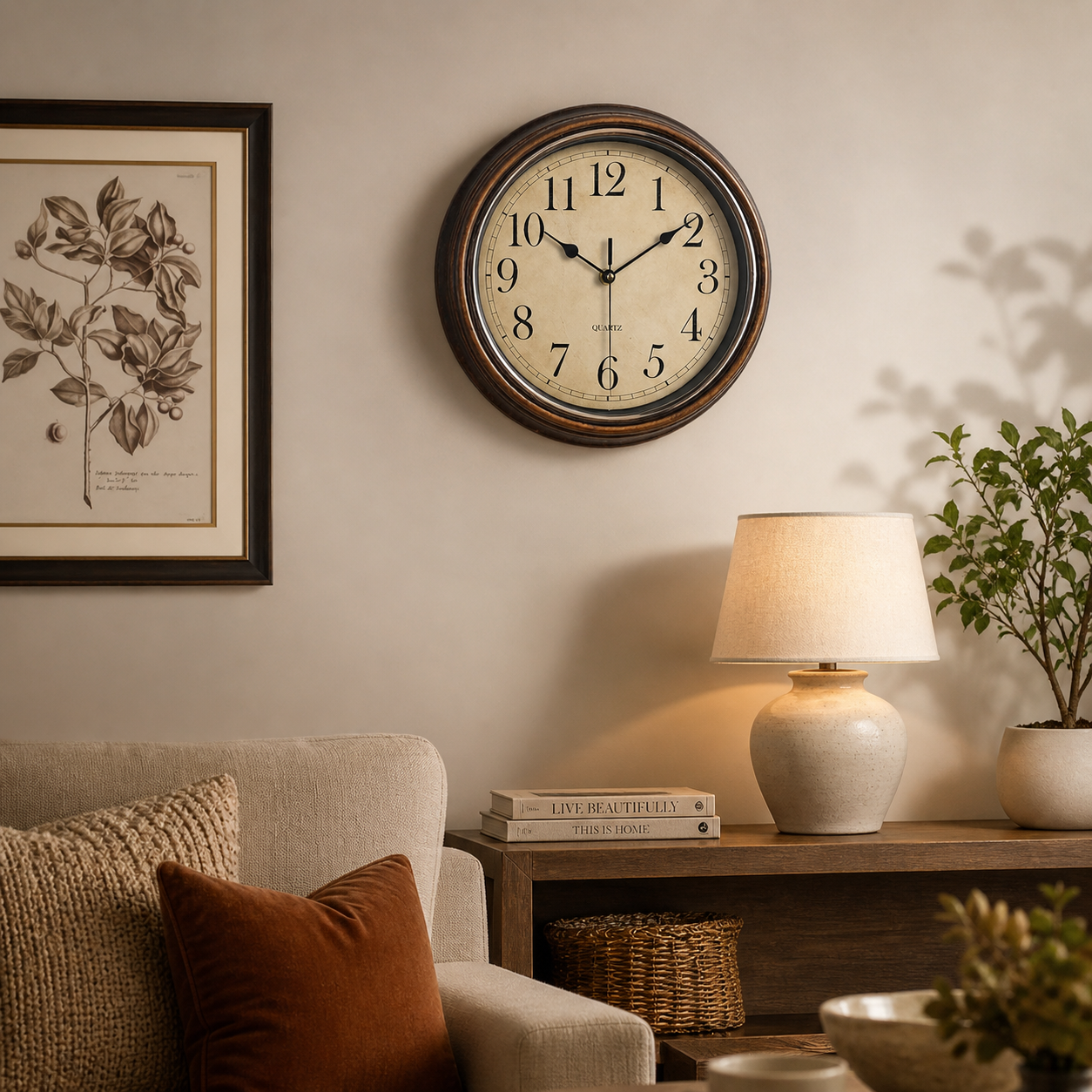 Reloj de pared clásico con marco de madera y números fáciles de leer