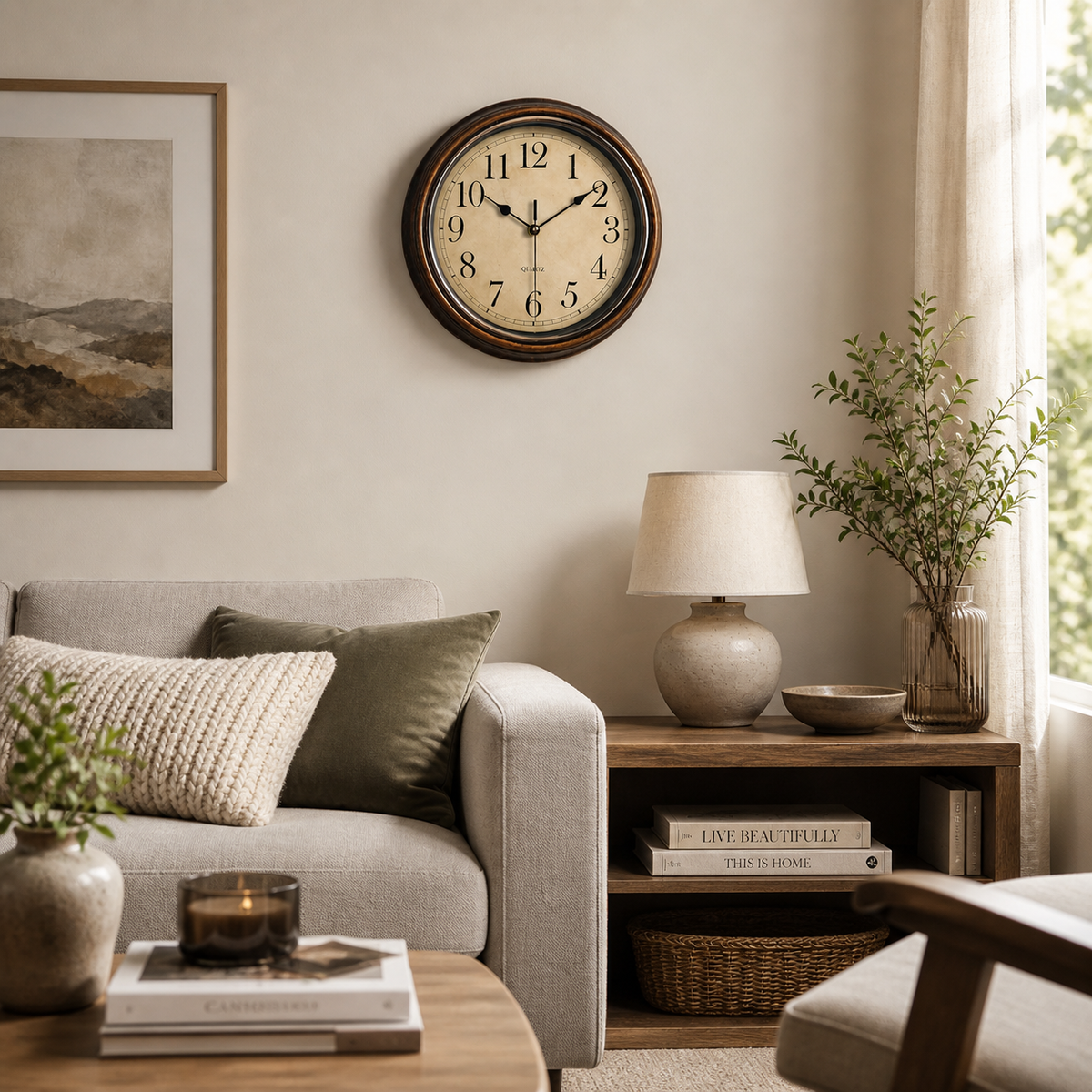 Reloj de pared clásico con marco de madera y números fáciles de leer
