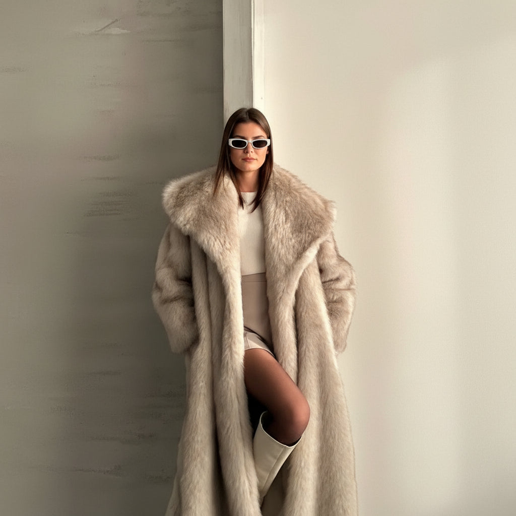 Casaco de inverno comprido para senhora em pelo sintético com gola de lapela